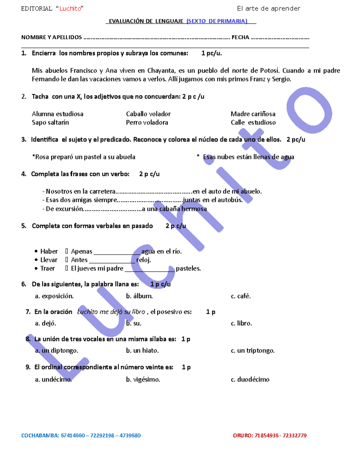 Lenguaje 6TO DIAG. Nivelación - EVALUACIÓN DE LENGUAJE (SEXTO DE ...