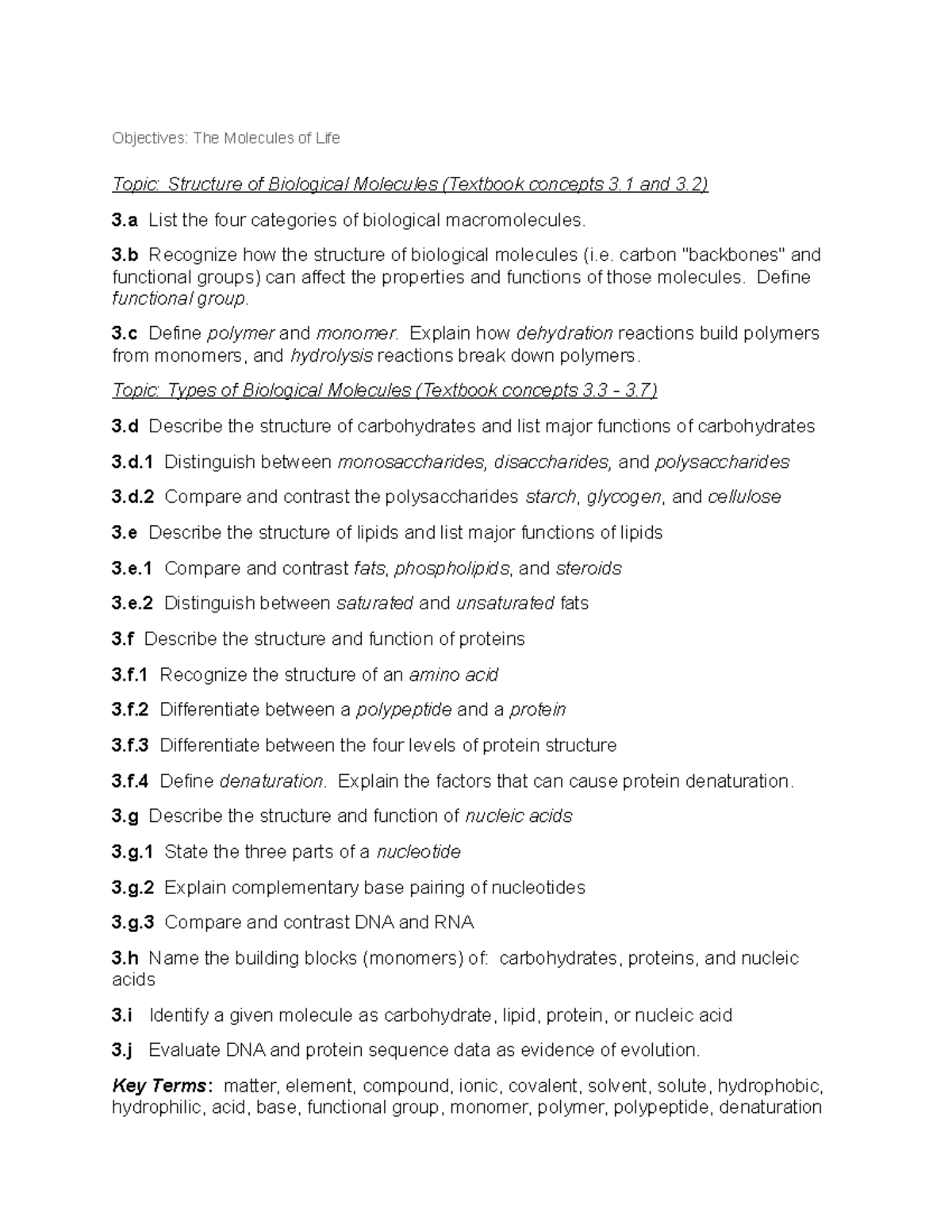 Chap 3 - lecture notes - Objectives: The Molecules of Life Topic ...