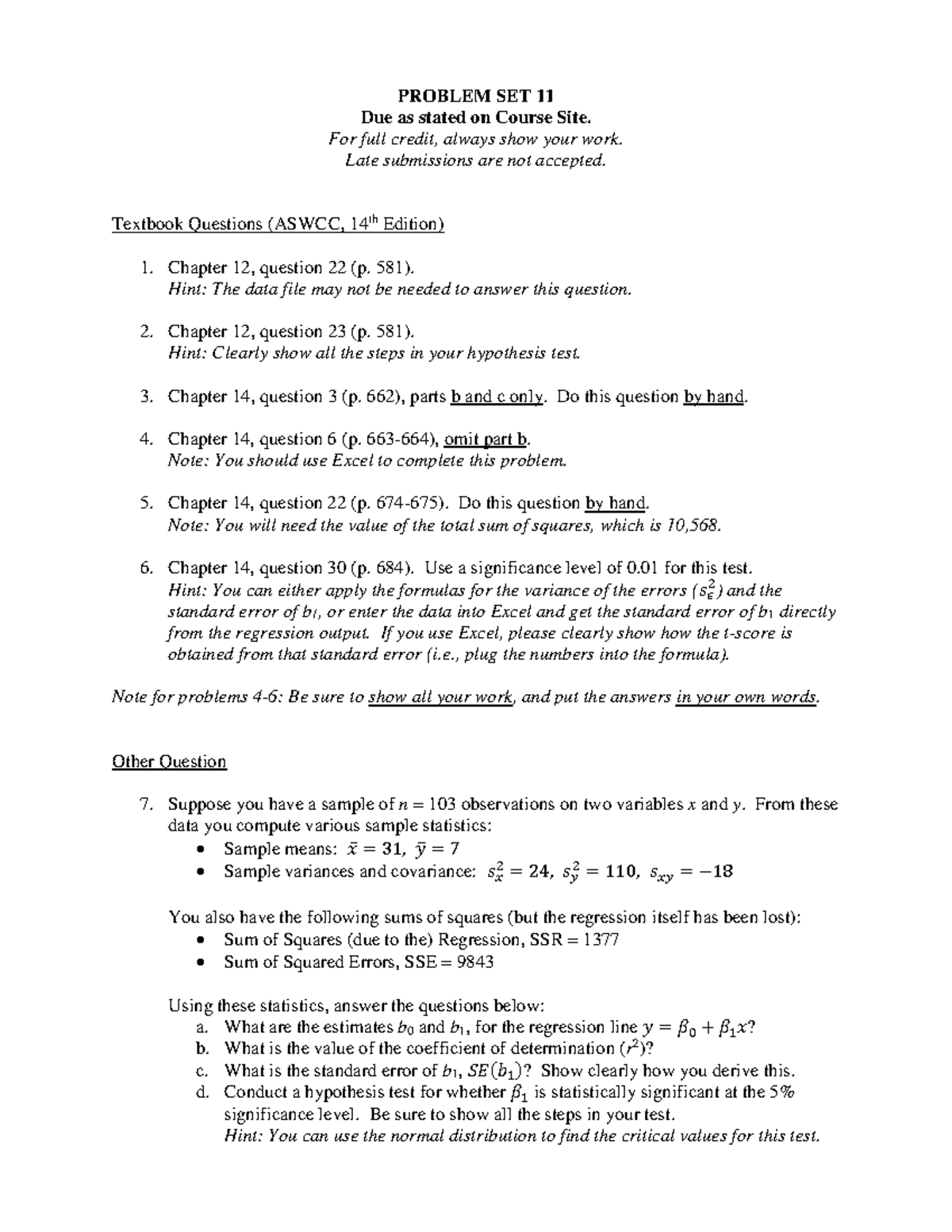 Problem Set 11 - Given homework from class - PROBLEM SET 11 Due as ...