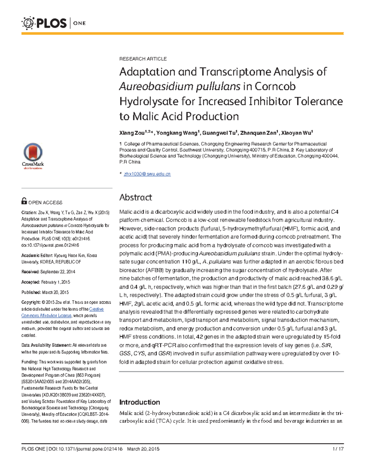 Adaptation and Transcriptome Analysis of - RESEARCH ARTICLE Adaptation ...