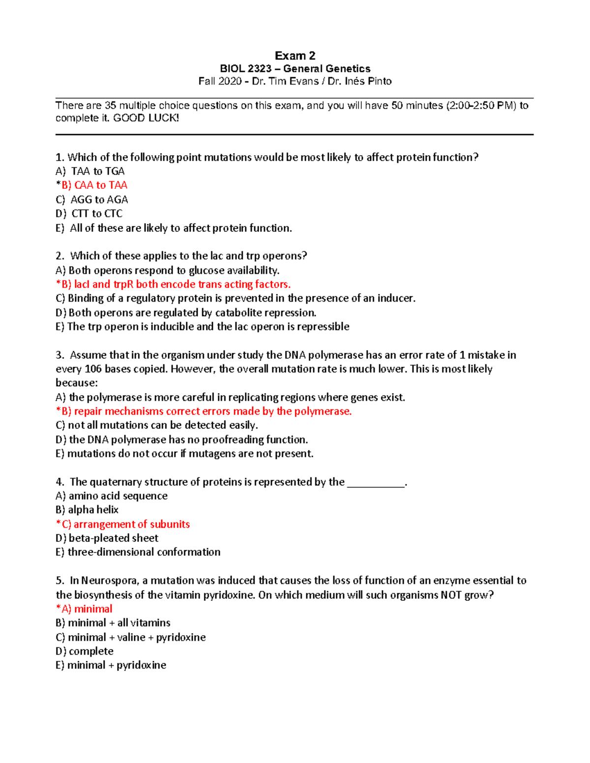 BIOL2323 Fall 2020 Exam 2 KEY - Exam 2 BIOL 2323 – General Genetics Fal ...