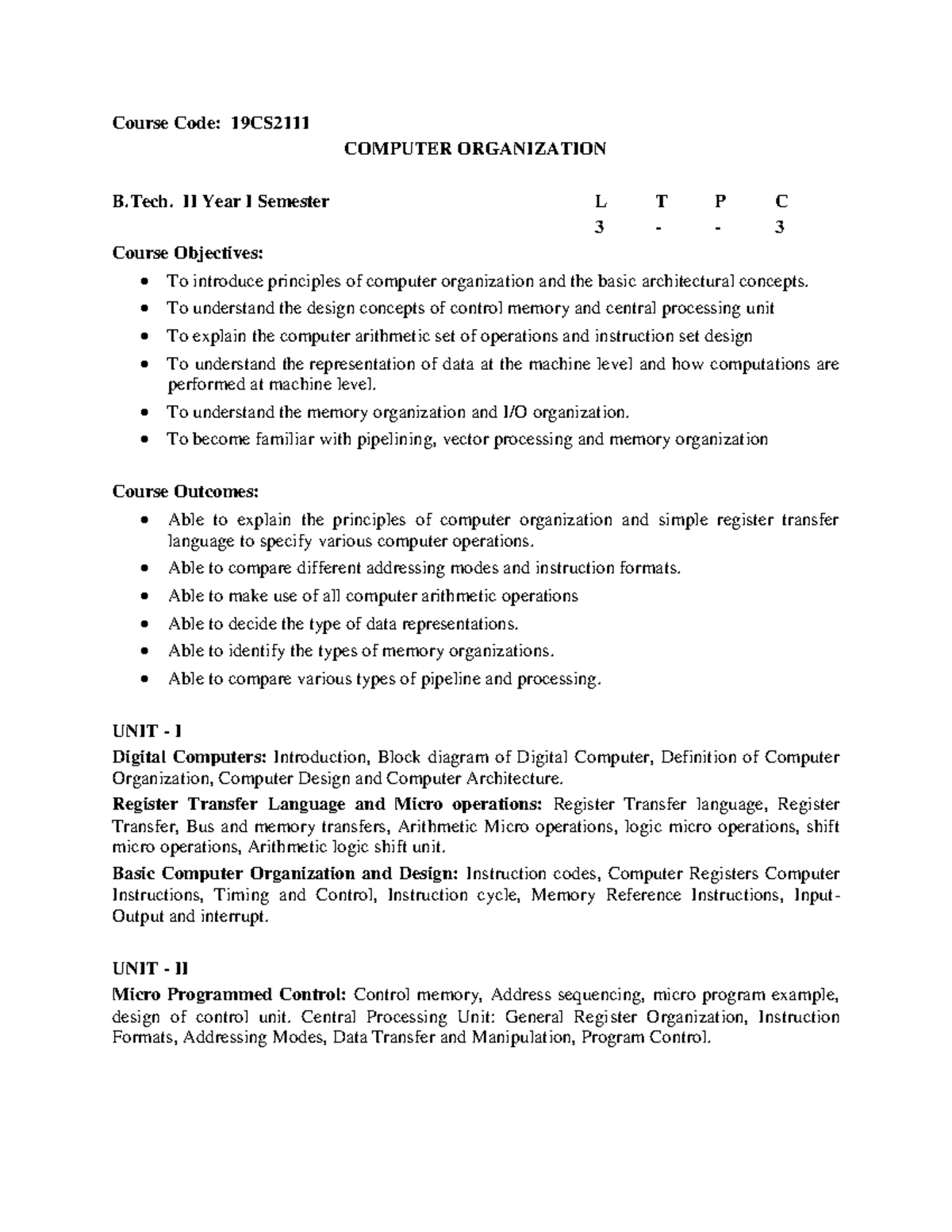 II-IT - Course Code: 19CS COMPUTER ORGANIZATION B. II Year I Semester L ...
