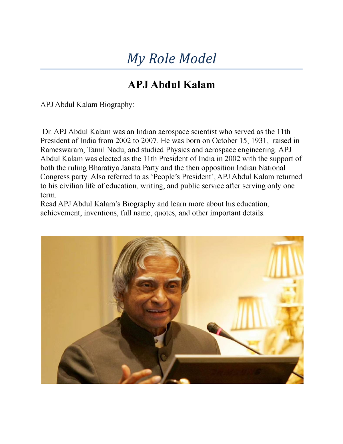 essay on my role model dr apj abdul kalam