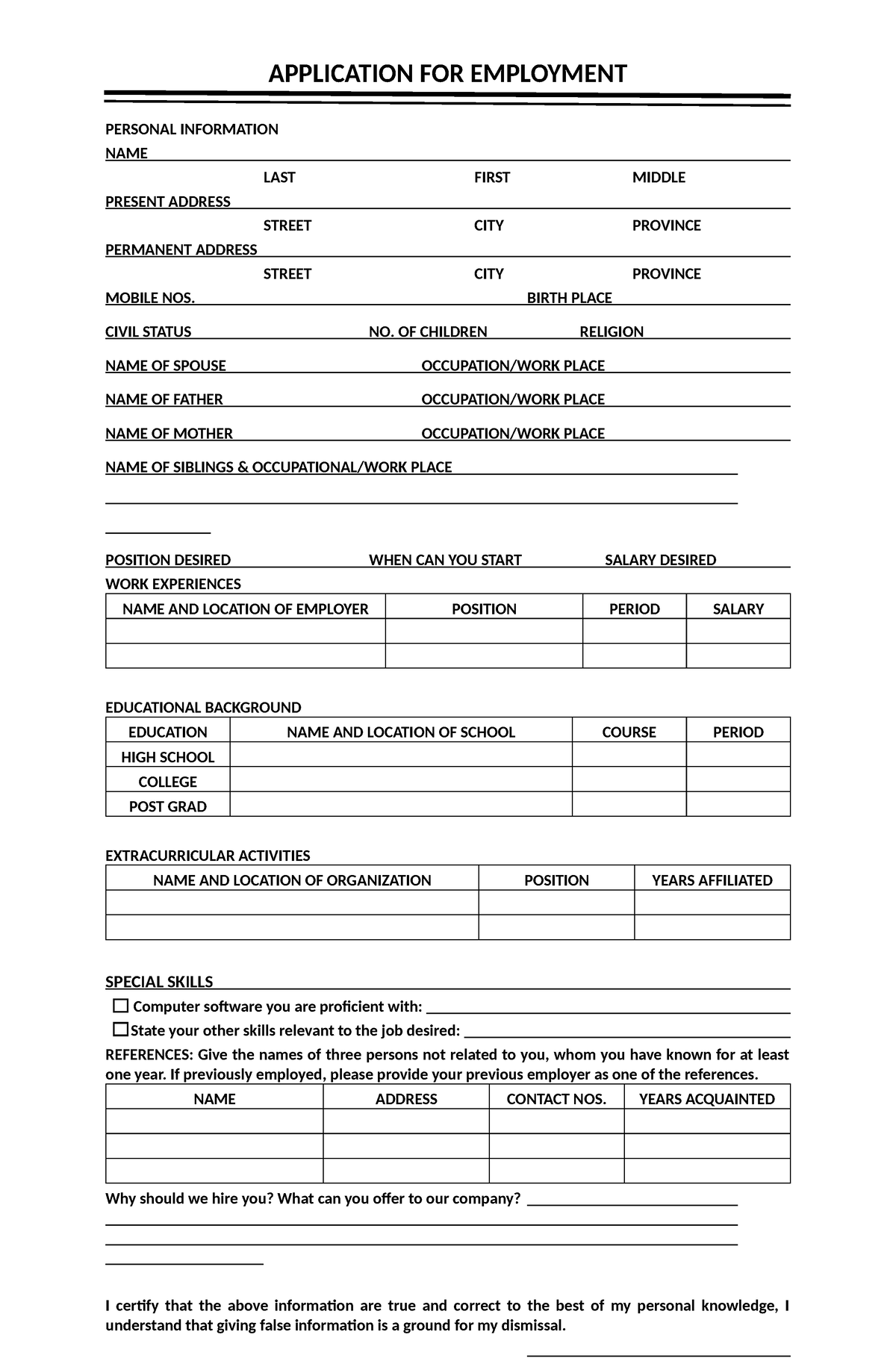 Application FOR Employment - APPLICATION FOR EMPLOYMENT PERSONAL ...