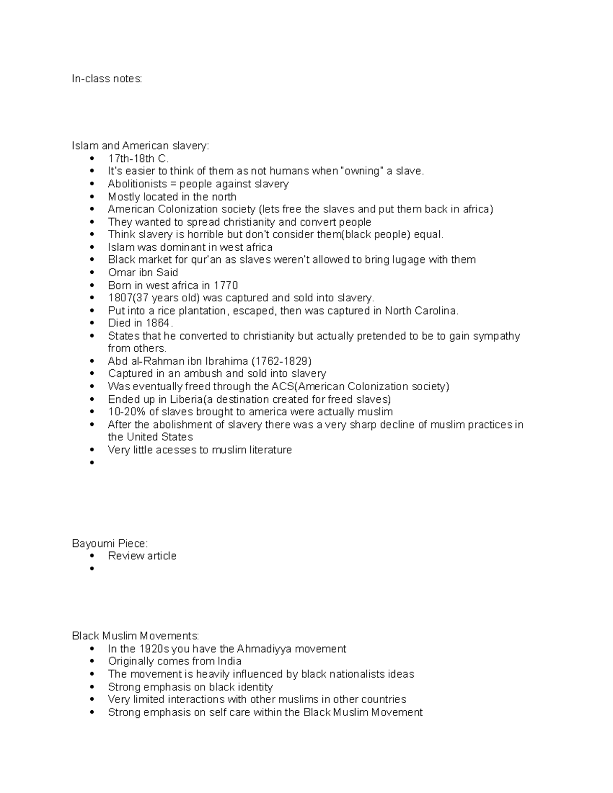Class notes 2 - In-class notes: Islam and American slavery: 17th-18th C ...
