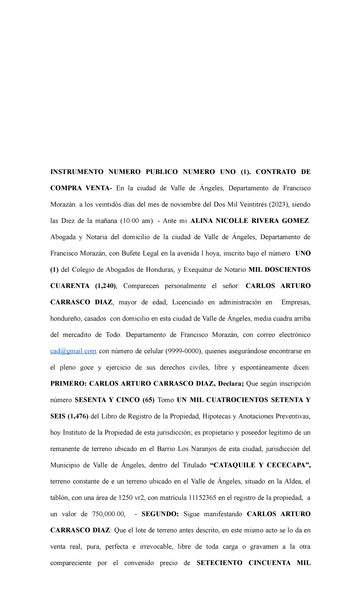 Compra Venta Correcta - INSTRUMENTO NUMERO PUBLICO NUMERO UNO (1 ...