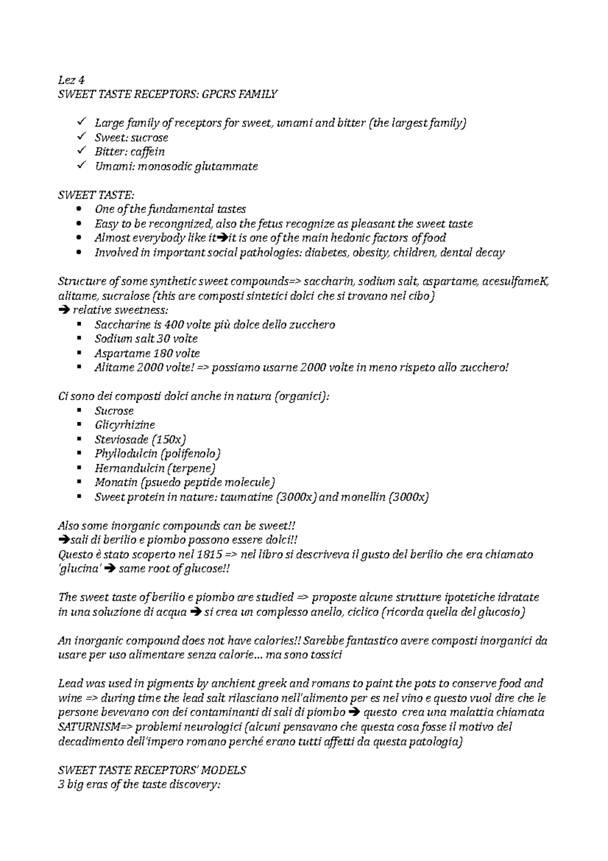 Lez 4 e 5 - Taste and somatosensory chemicals - Lez 4 SWEET TASTE ...