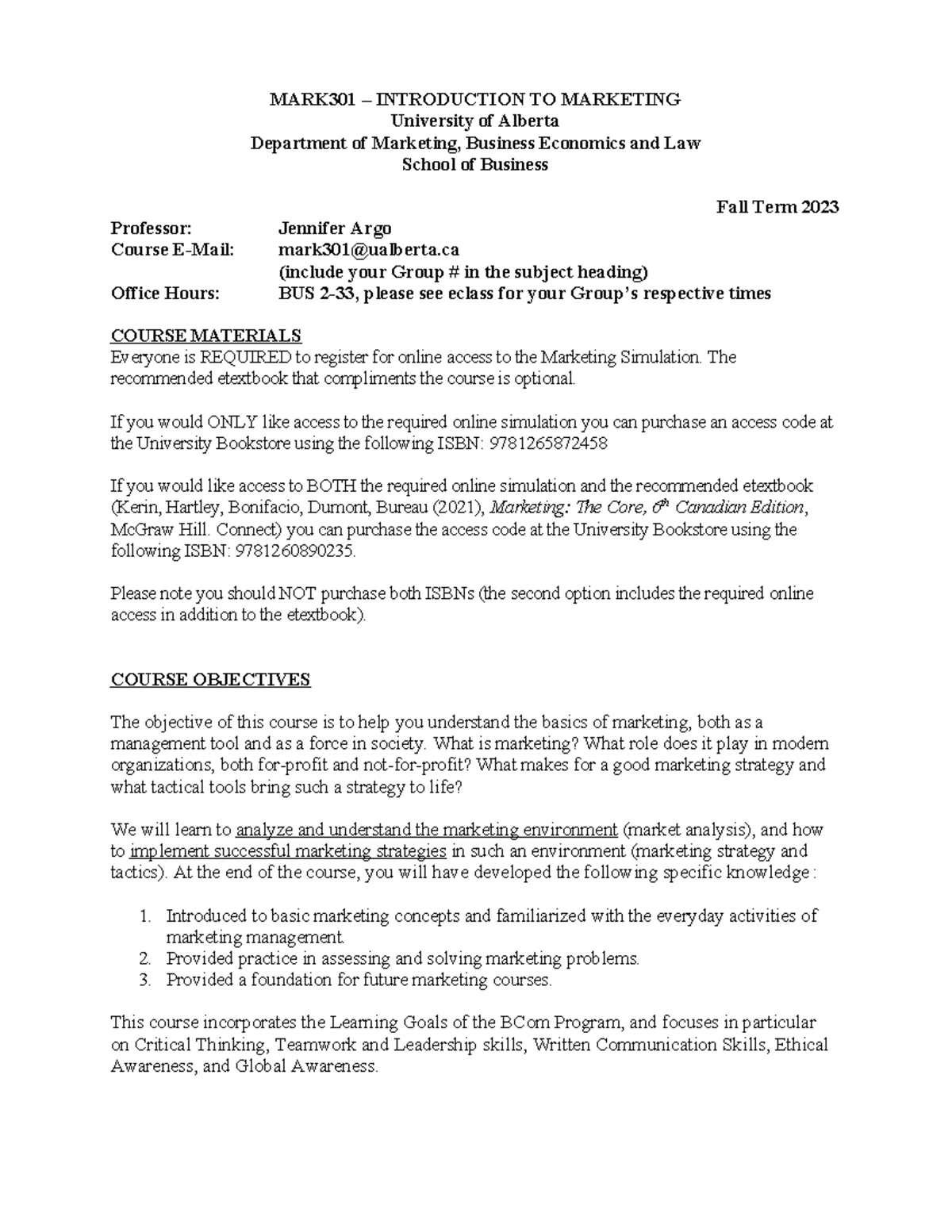 Syllabus Mark301 Fall 2023 Mark301 Introduction To Marketing