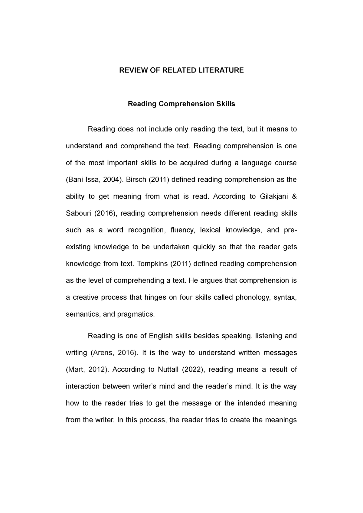 literature review on reading comprehension