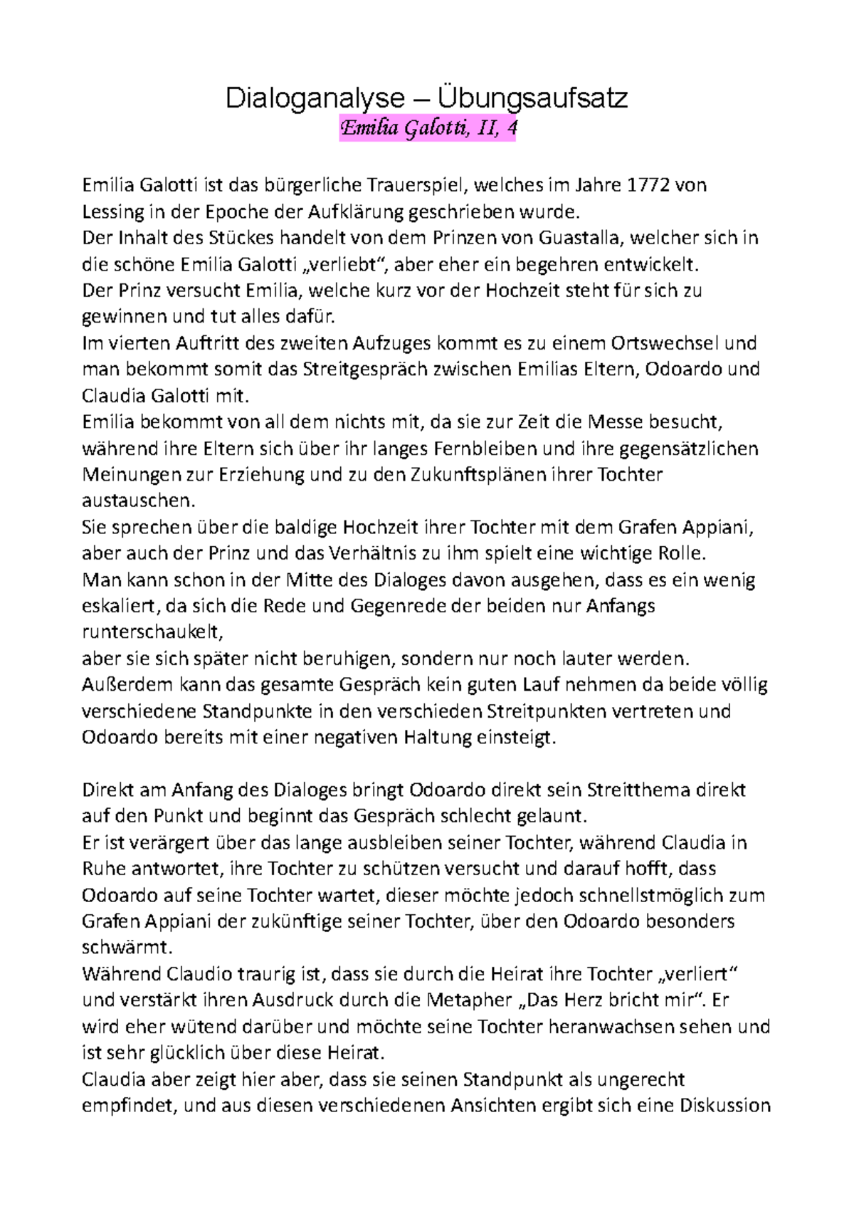 Dialoganalyse Emilia Galotti 4 Aufzug 7 Auftritt Dialoganalyse Emilia Galotti - Dialoganalyse – Übungsaufsatz Emilia