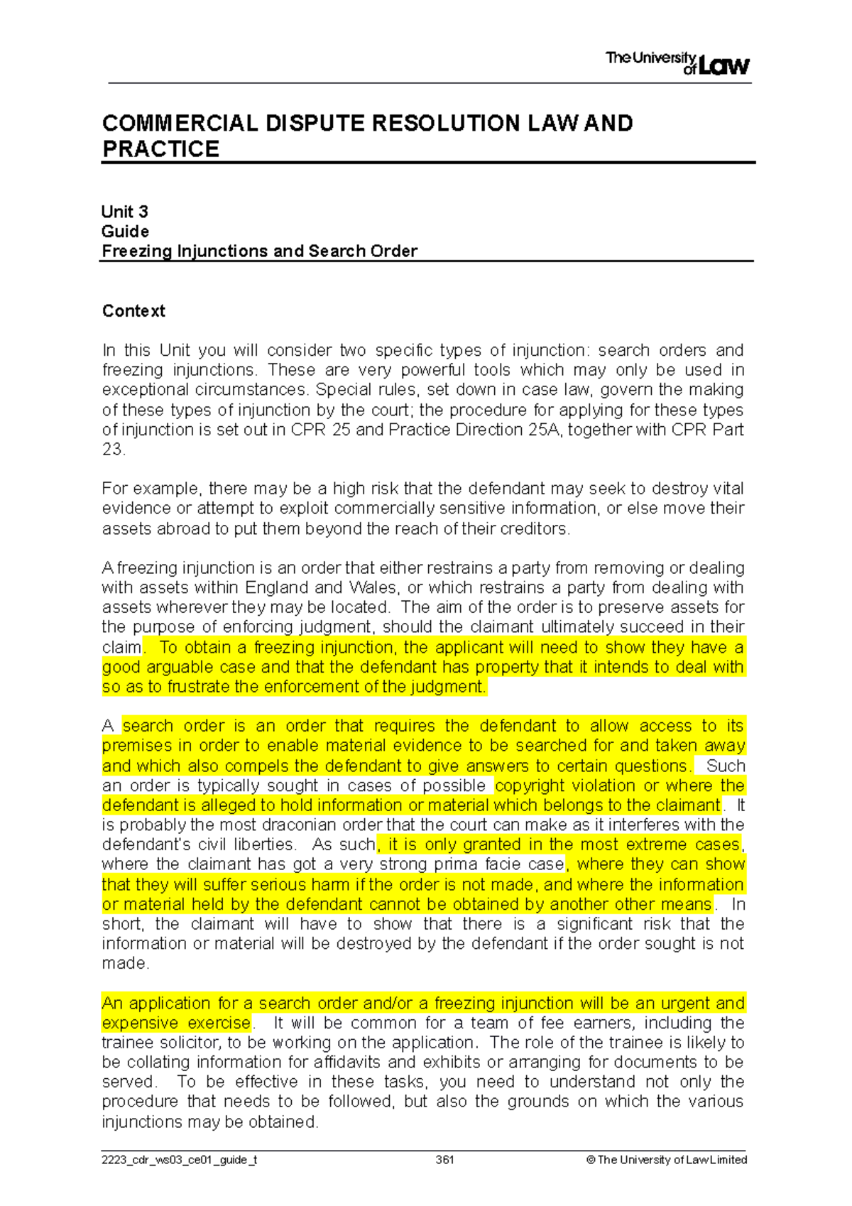 Workshop 3 - Injunctions - COMMERCIAL DISPUTE RESOLUTION LAW AND ...