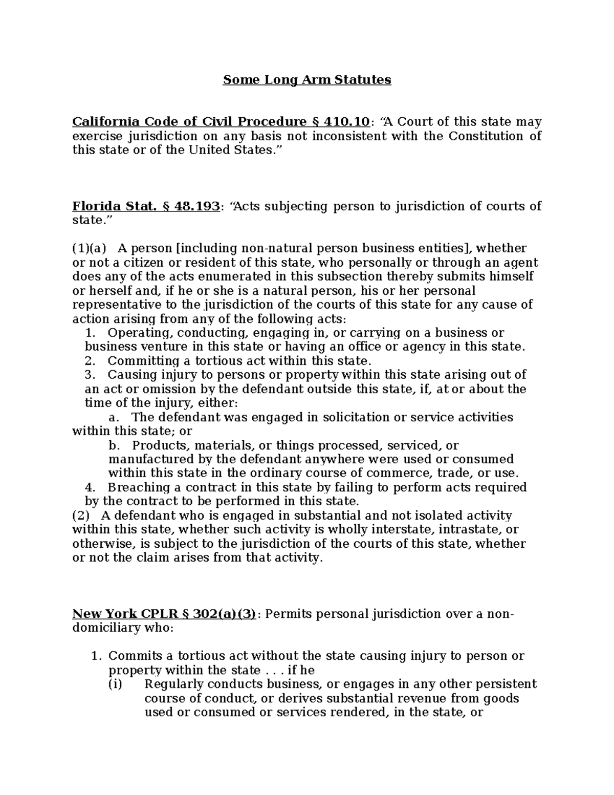 Some Long Arm Statutes - Some Long Arm Statutes California Code of ...