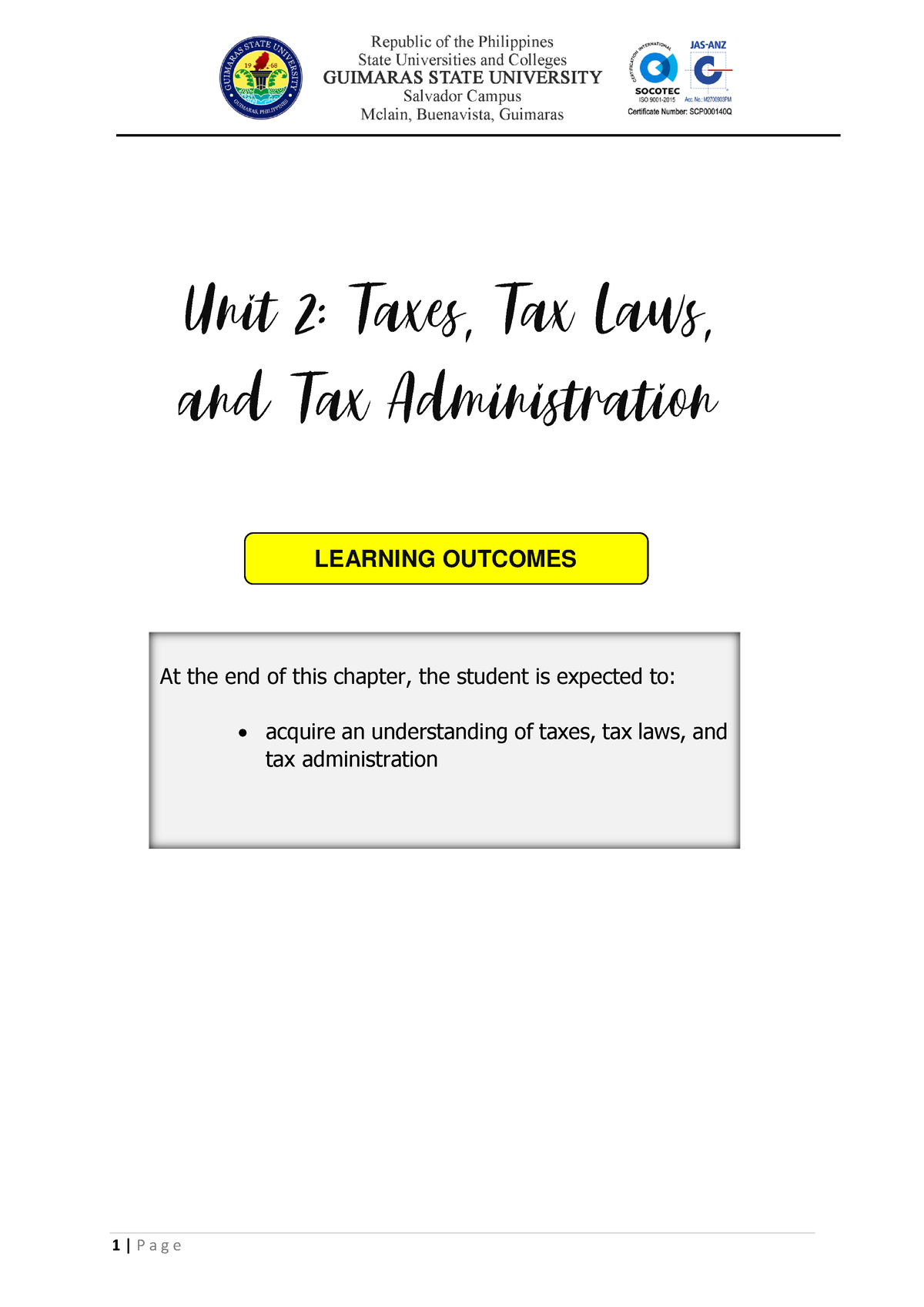 Taxation-Unit-2 - N/A - LEARNING OUTCOMES At The End Of This Chapter ...