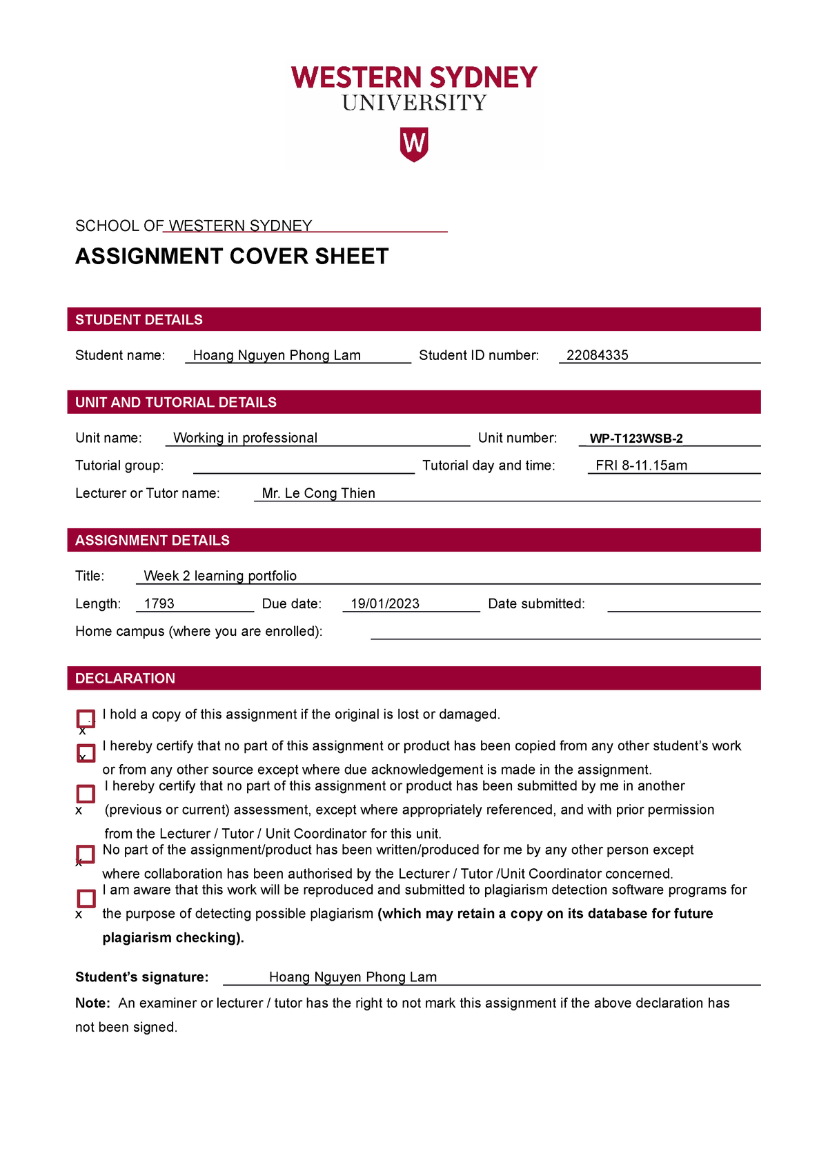 western sydney assignment cover sheet