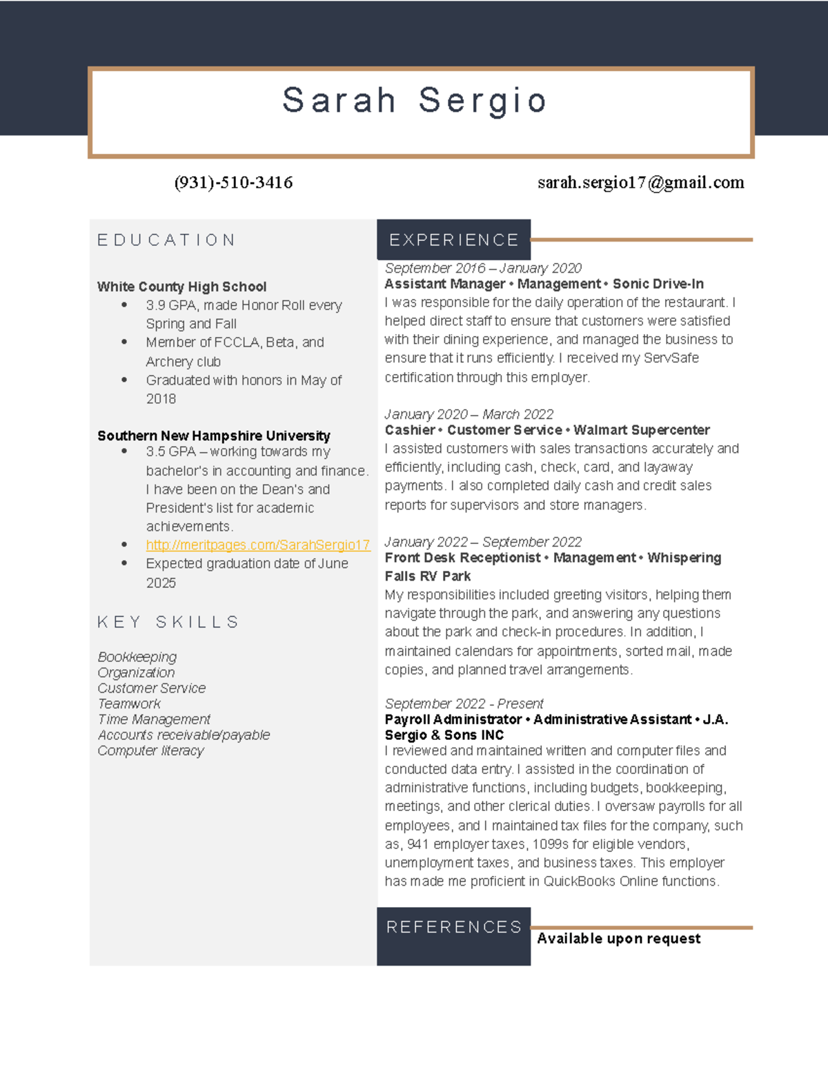 Resume Outline for practice/mockresume - S a r a h S e r g i o (931 ...