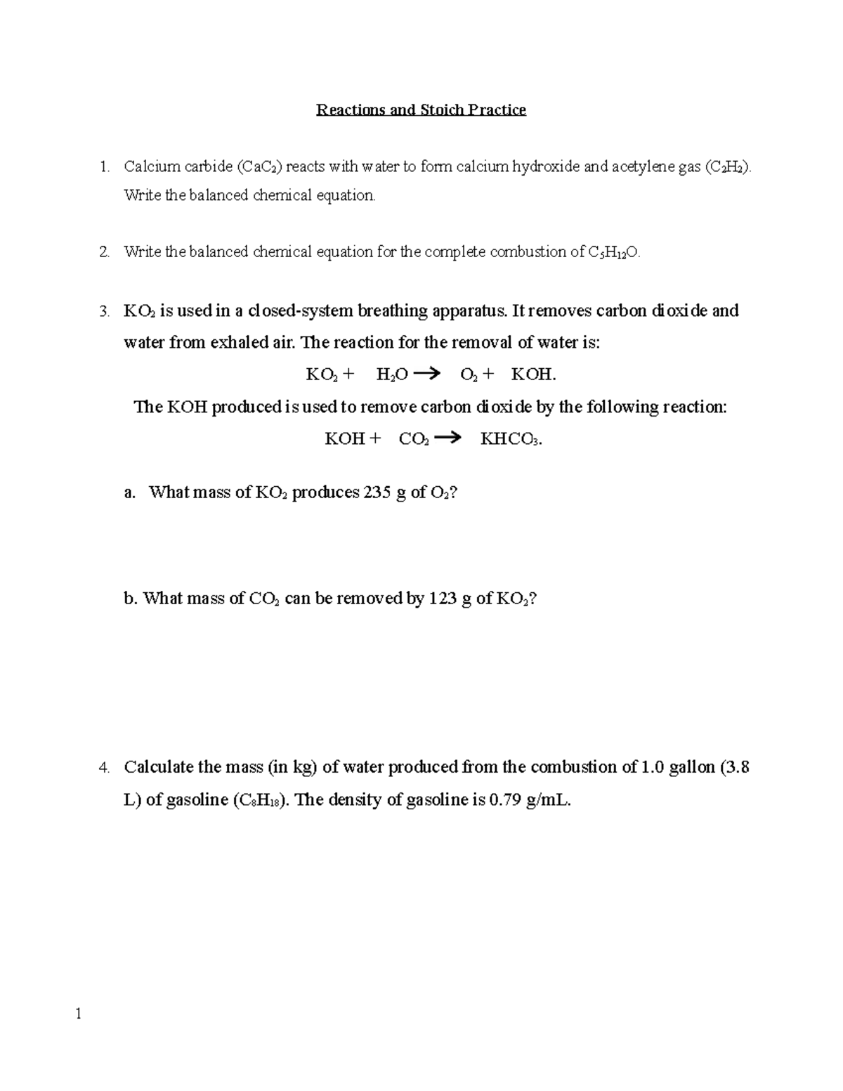 Worksheet Reactions and Stoich - Reactions and Stoich Practice Calcium ...