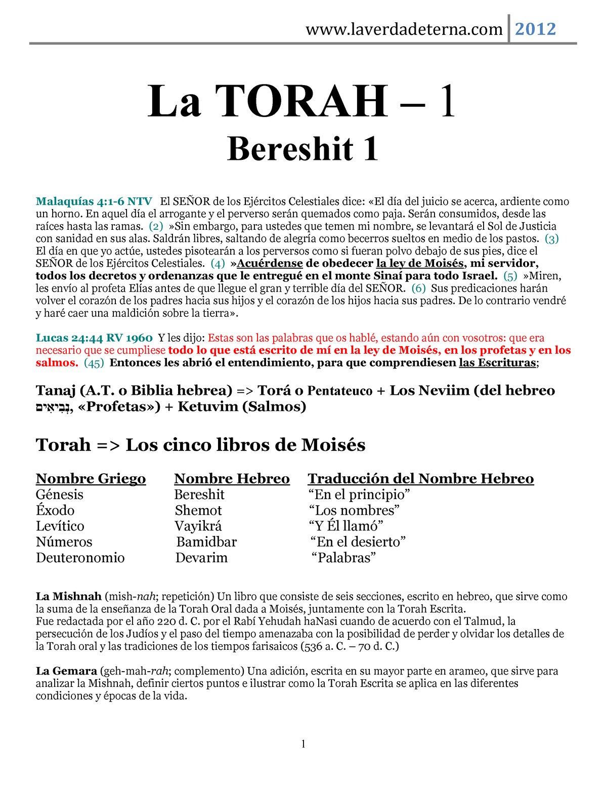 La Torah 1 Bereshit 1 - La TORAH ñ 1 Bereshit 1 MalaquÌas 4:1-6 NTV El ...