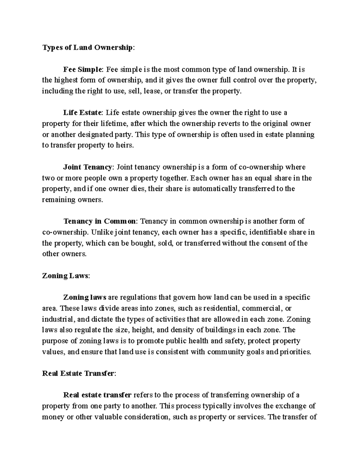 Principles of Real Estate. Land ownership Types of Land Ownership