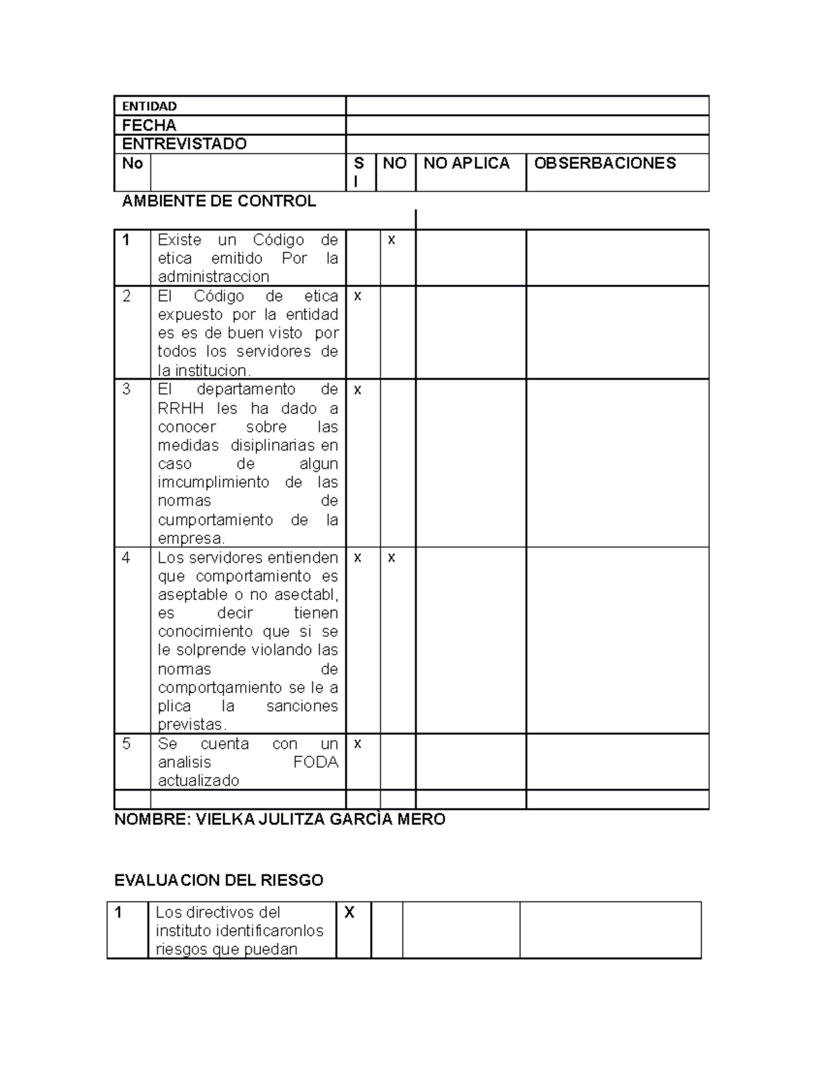 Cuestionario De Control Interno Vielka Garcia - Entidad Fecha 