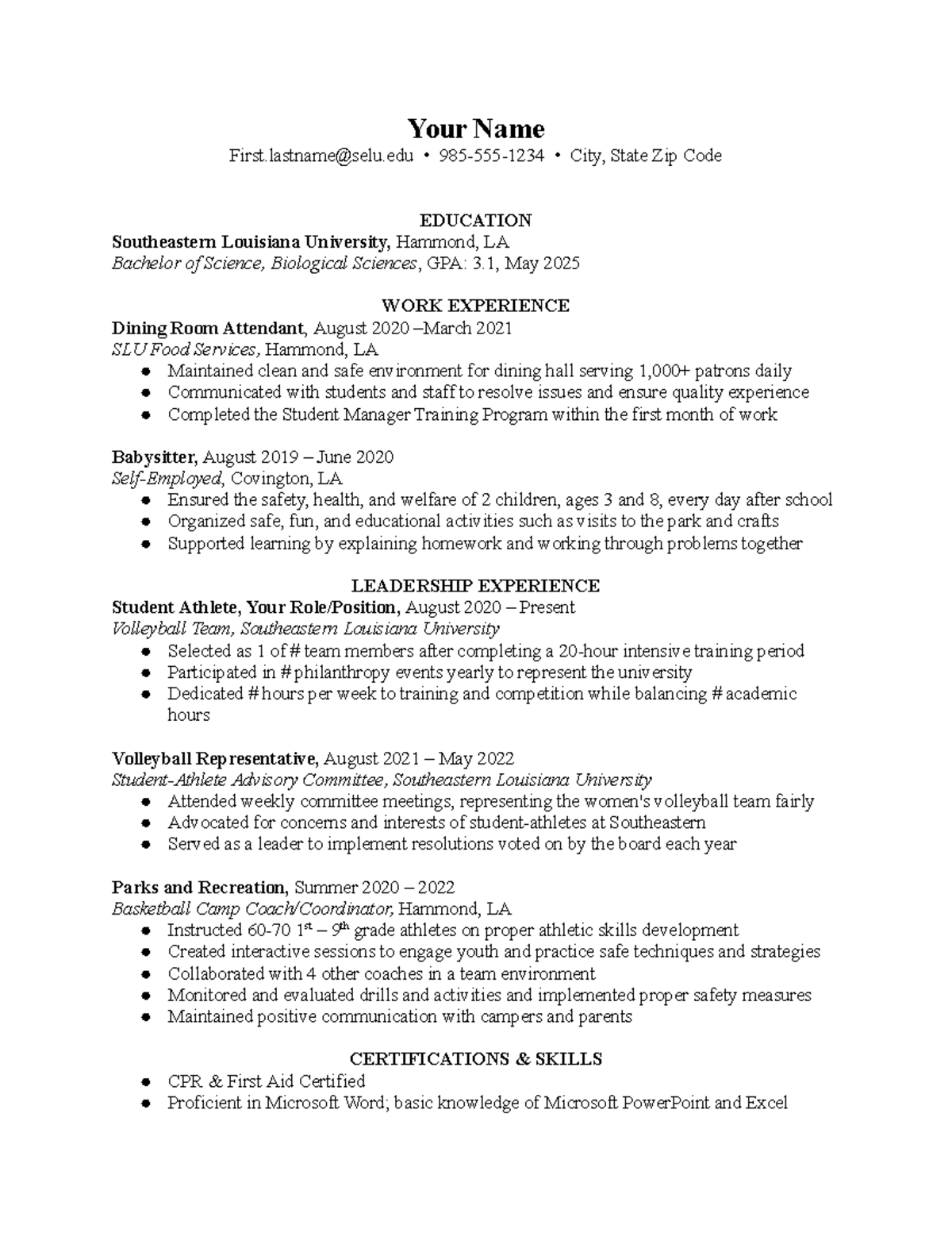 Student Athlete Resume Your Name - Thumb 1200 1553 