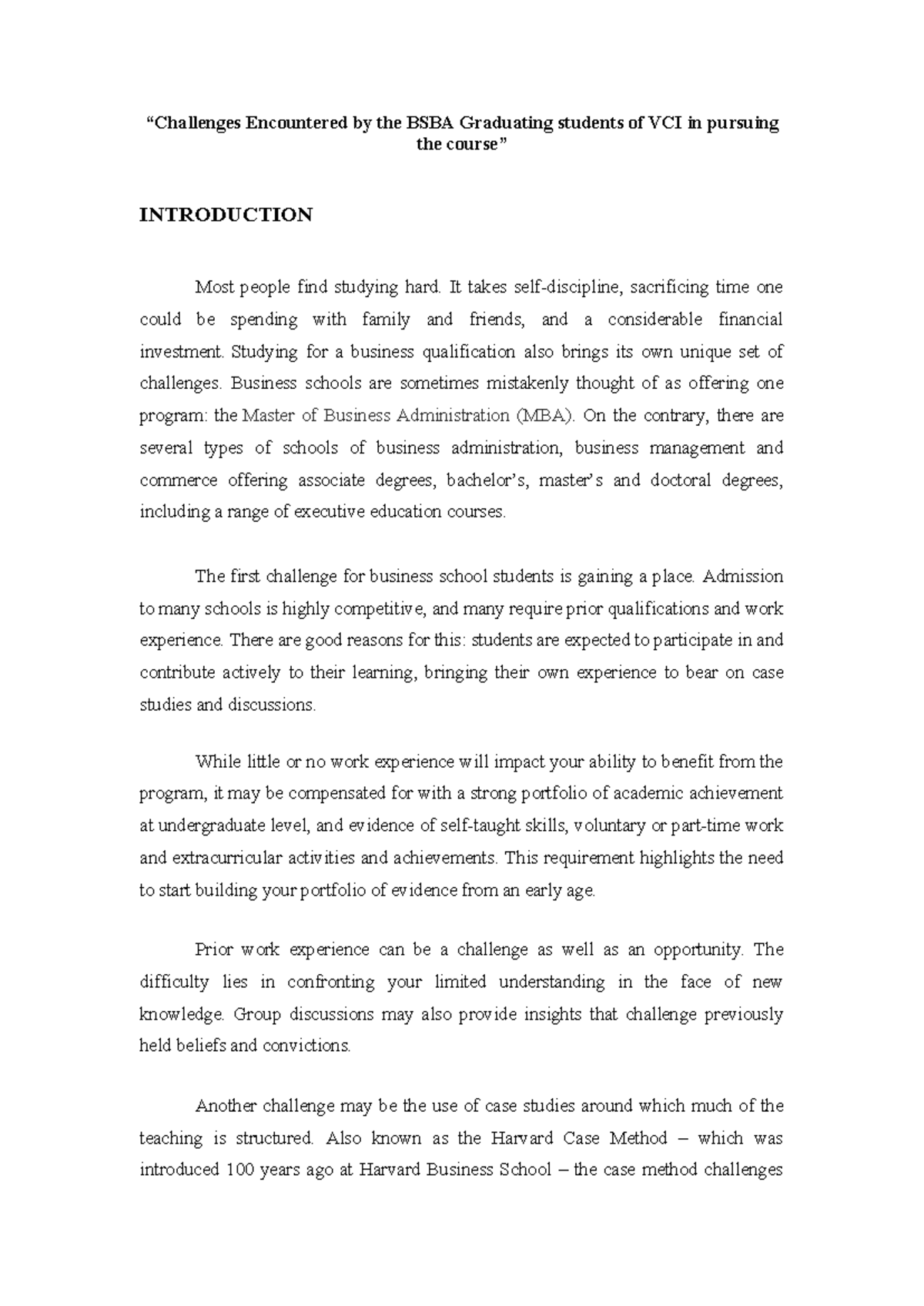 Introduction - “Challenges Encountered by the BSBA Graduating students ...