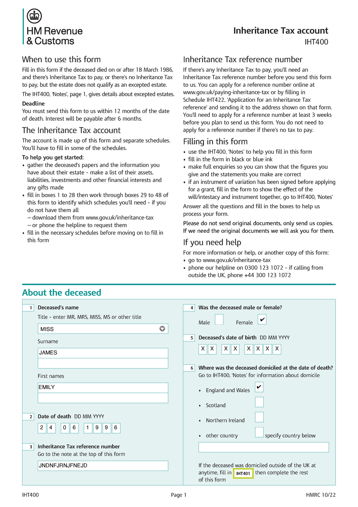 IHT400 141222 English IHT400 Page 1 HMRC 10 When To Use This Form   Thumb 1200 1697 