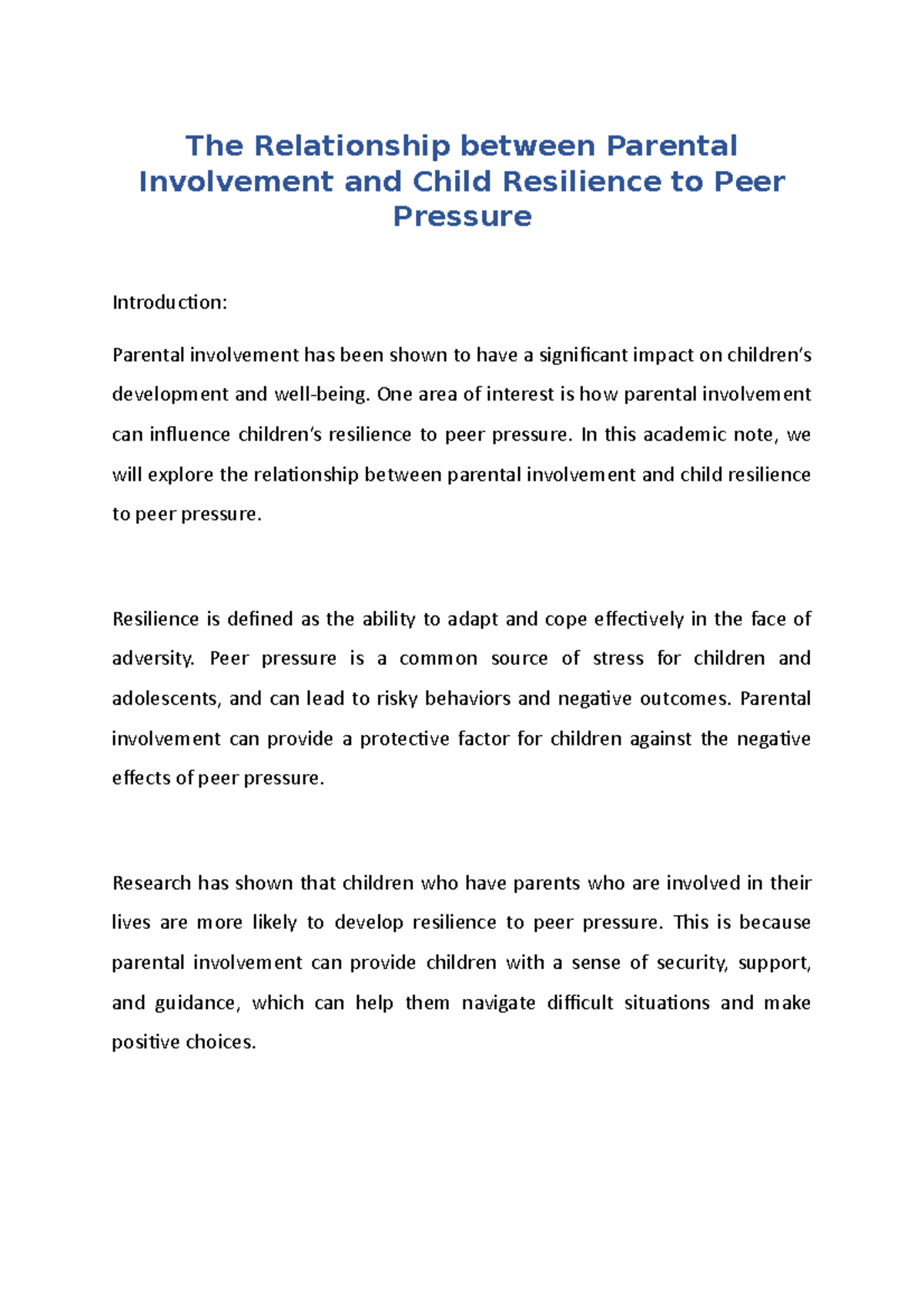 The Relationship between Parental Involvement and Child Resilience to ...