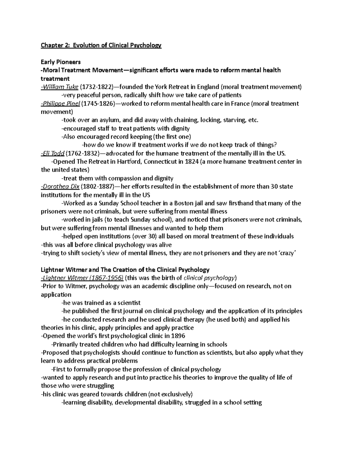 Chapter 2 Lecture Notes - Chapter 2: Evolution of Clinical Psychology ...