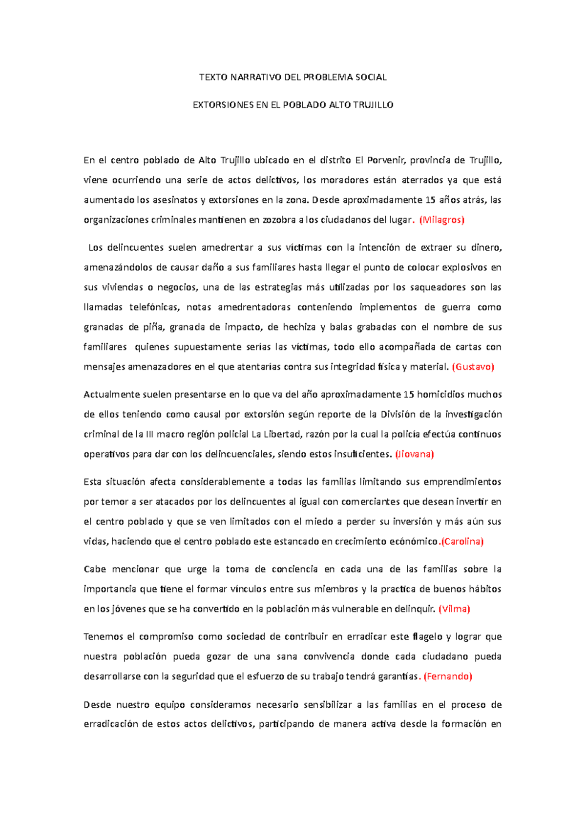 Texto Narrativo DEL Problema Social - TEXTO NARRATIVO DEL PROBLEMA