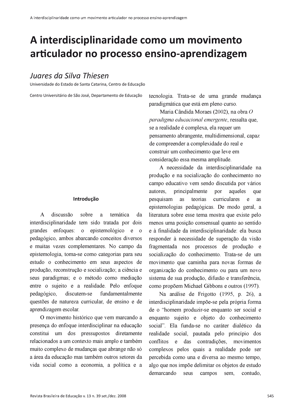 Artigo Estagio ANOS Iniciais Ensino FUND - A Interdisciplinaridade Como ...