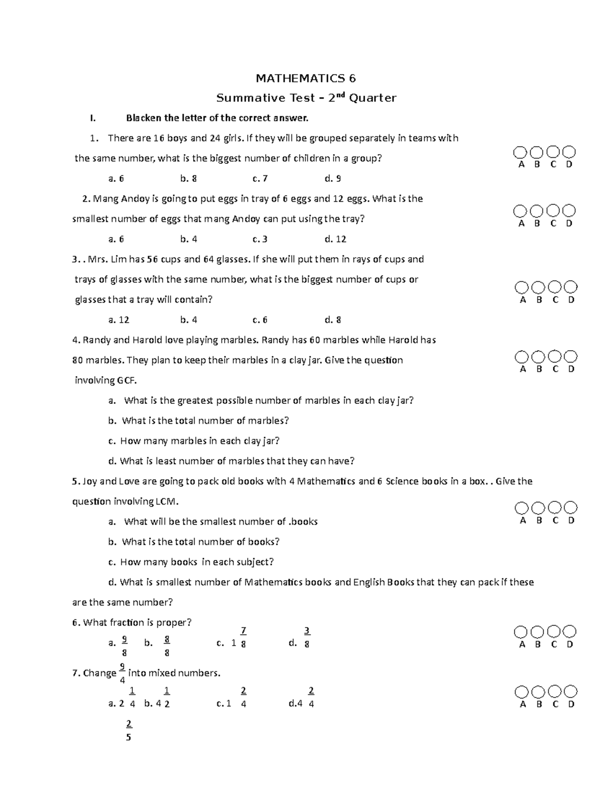 Summative Test Mathematics 6 Q2 - A B C D A B C D A B C D A B C D A B C ...