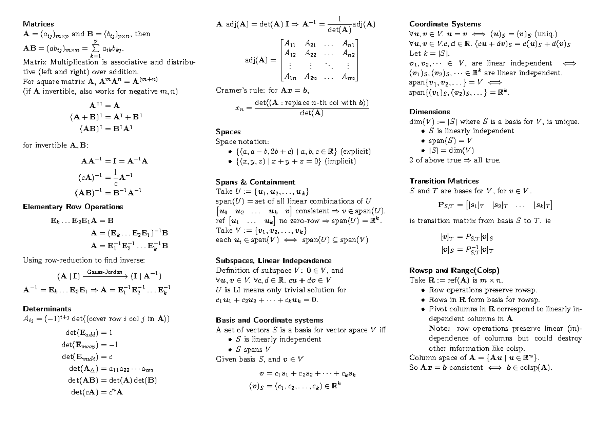 Cheatsheet Linear Algebra I Ma1101r Nus Matrices Aij Pandb Bij Then Ab Abij Studocu