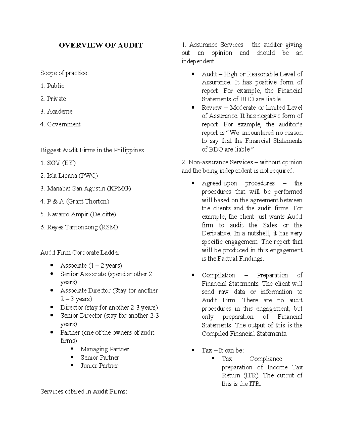 Overview OF Audit - OVERVIEW OF AUDIT Scope of practice: 1. Public 2 ...