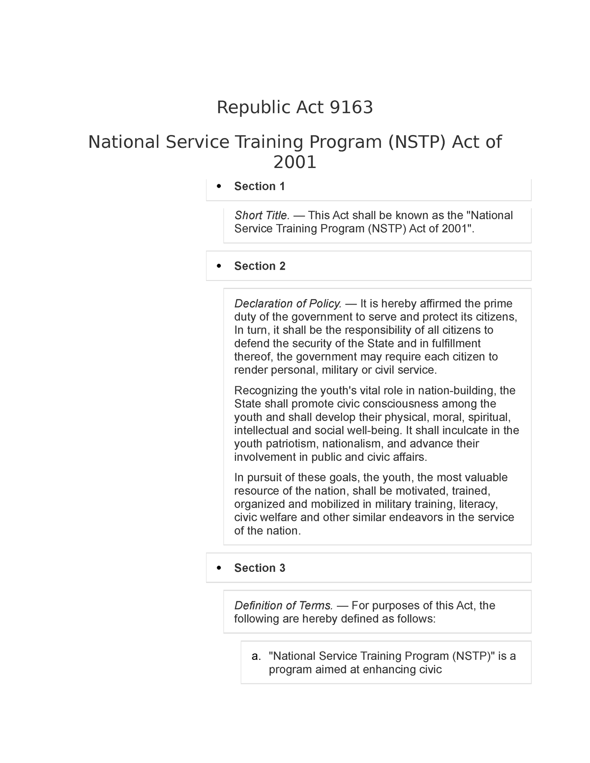 Nstp Ra 9163National Service Training Program - Republic Act 9163 ...