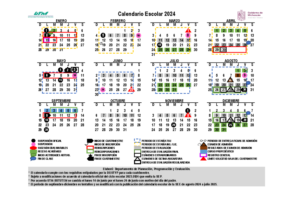Calendario Escolar UTM 2024 D L M M J V S D L M M J V S D L M M J V S
