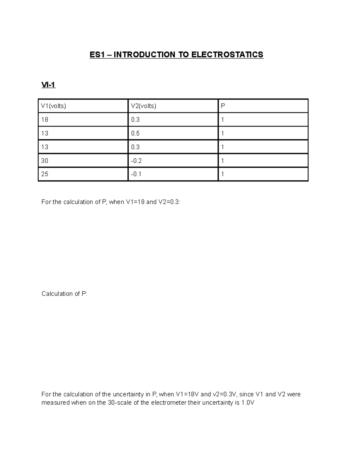 Untitled document - notes - ES1 – INTRODUCTION TO ELECTROSTATICS VI- V1 ...