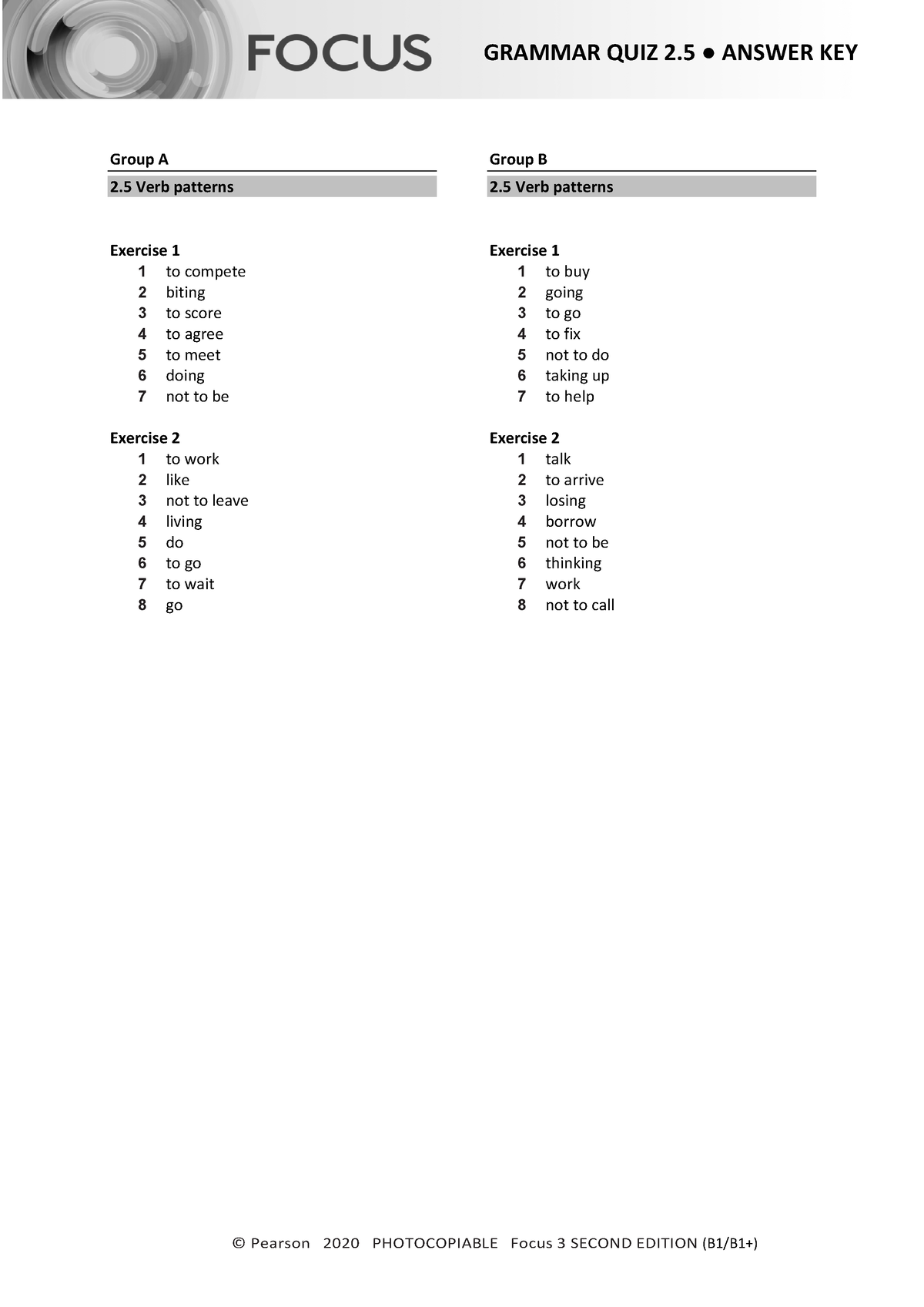 Focus 3 2E Grammar Quiz Unit2 5 Group A B Answers - © Pearson 2020 ...