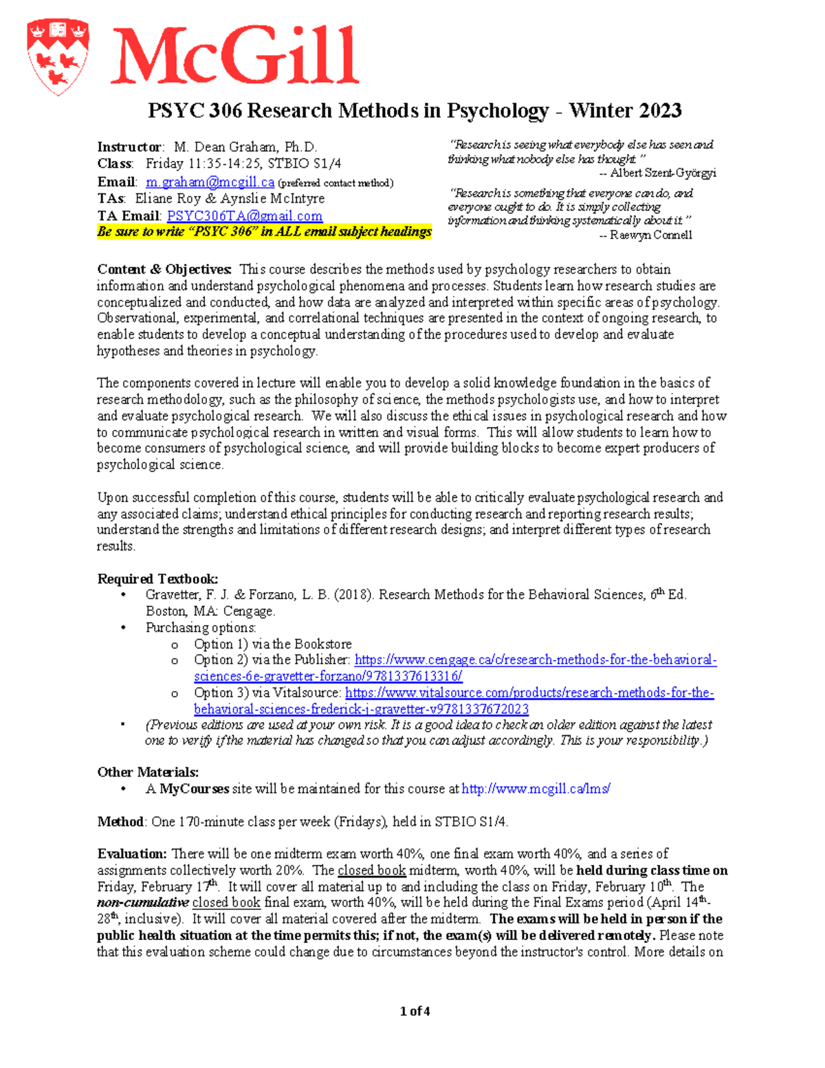 M Dean Graham PSYC 306 Syllabus Tentative - PSYC 306 Research Methods ...