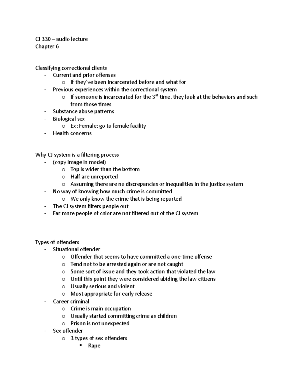 Audio Lecture 3 Notes - CJ 330 – audio lecture Chapter 6 Classifying ...