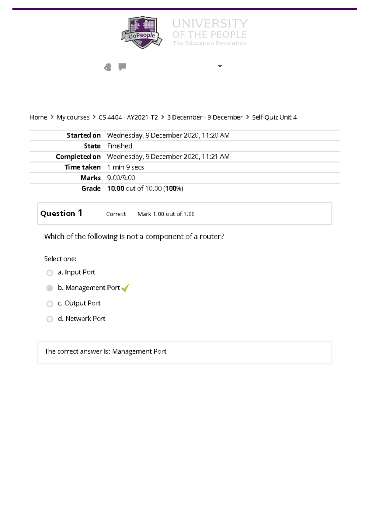 Self-Quiz Unit 4 Attempt Review - Started On Wednesday, 9 December 2020, 11:20 AM State Finished ...