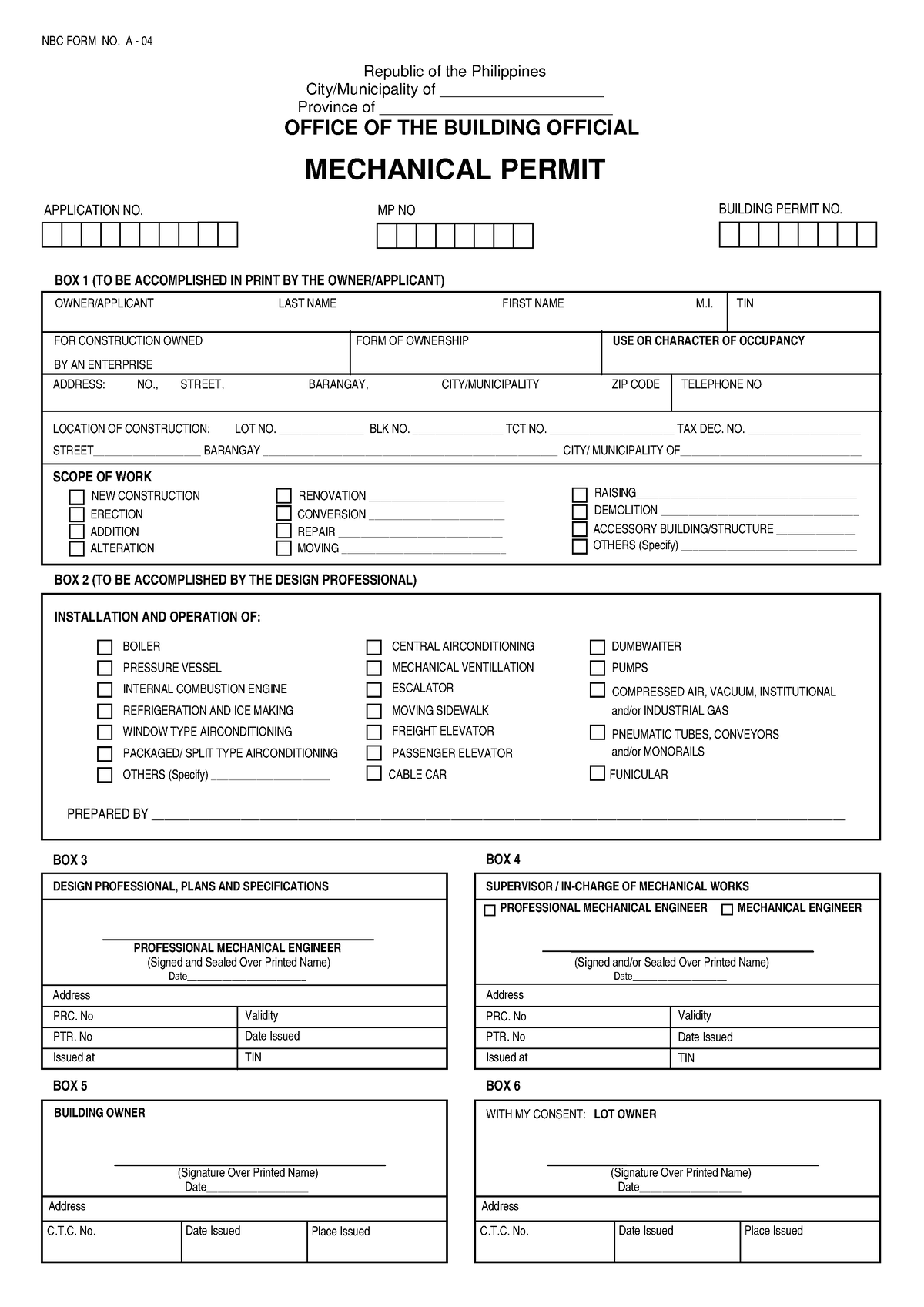 Application Form Mechanical Permit - NBC FORM NO. A - 04 Republic Of ...