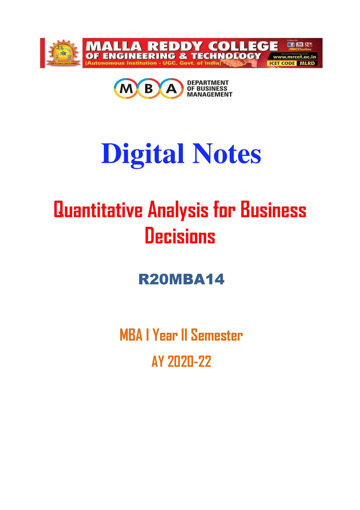 Quantitative Analysis For Business Decisions Syllabus