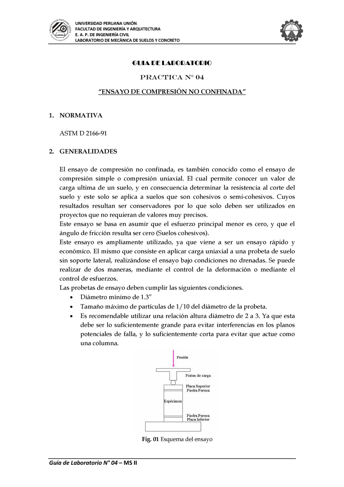 Guia De Ensayo De Compresion No Confinada Facultad De IngenierÍa Y Arquitectura E A P De 4868