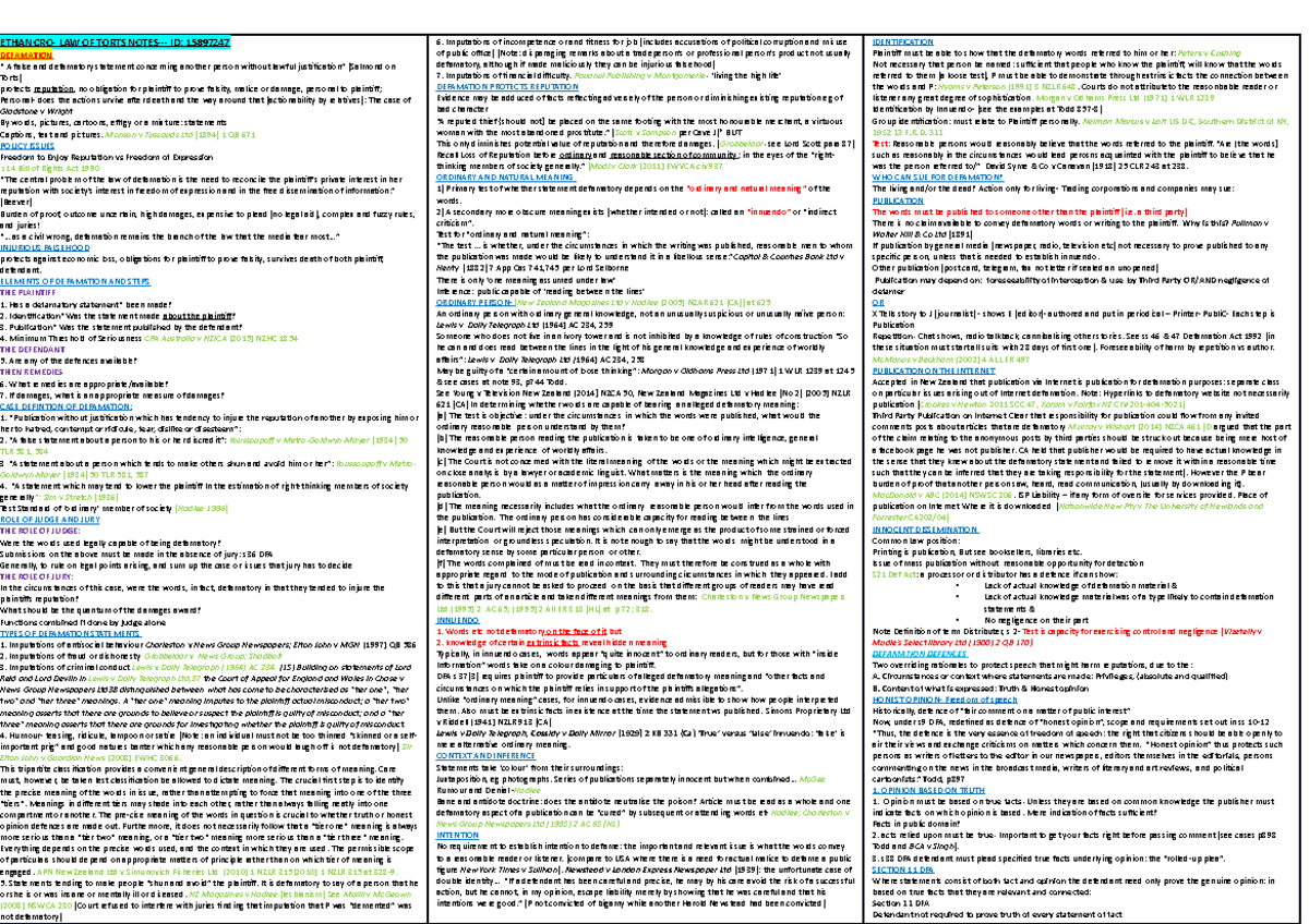 EXAM Notes - ETHAN CRO- LAW OF TORTS NOTES- ID: 15897247 DEFAMATION “ A ...