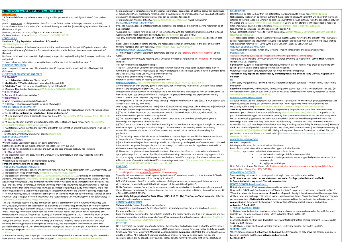 EXAM Notes - Law of Torts LAWS623 - AUT - StuDocu