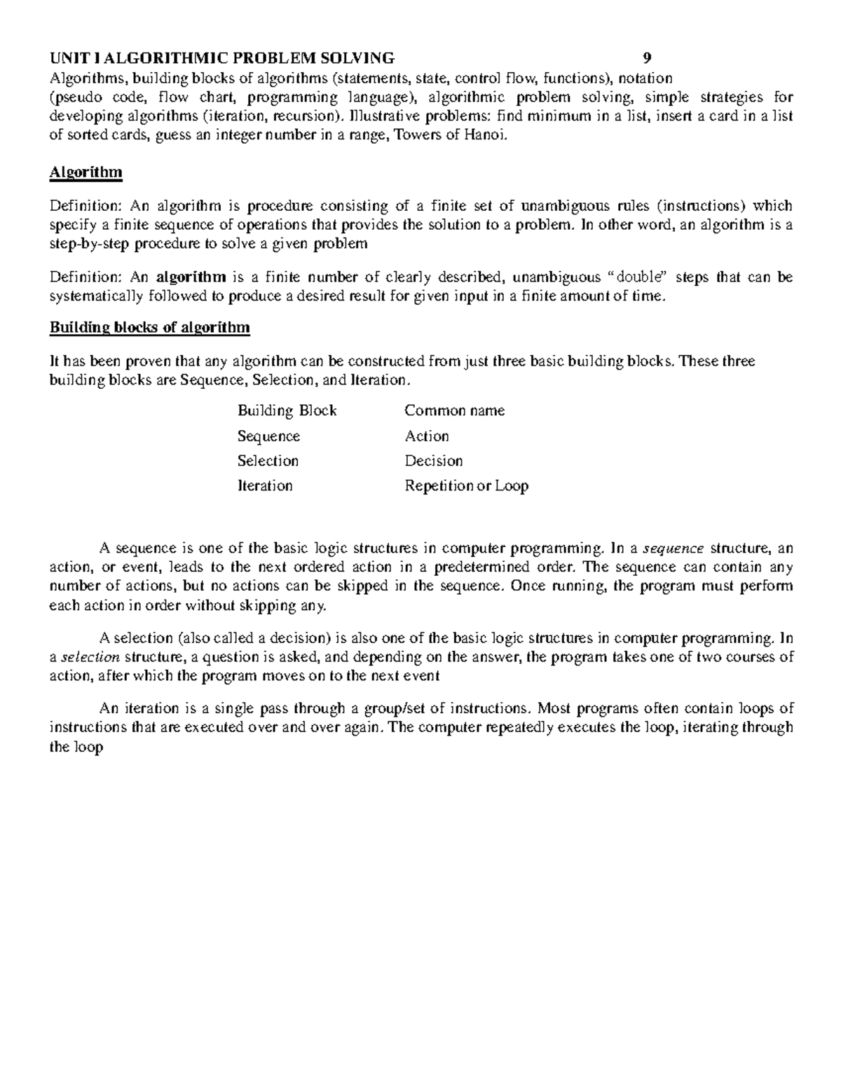 Lesson Three algorithimic problem solving - UNIT I ALGORITHMIC PROBLEM ...
