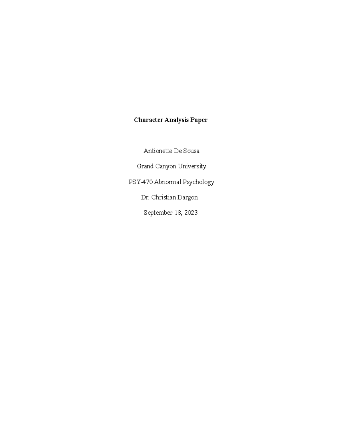 Character Analysis Paper (1) A. De Sousa - Antionette De Sousa Grand ...