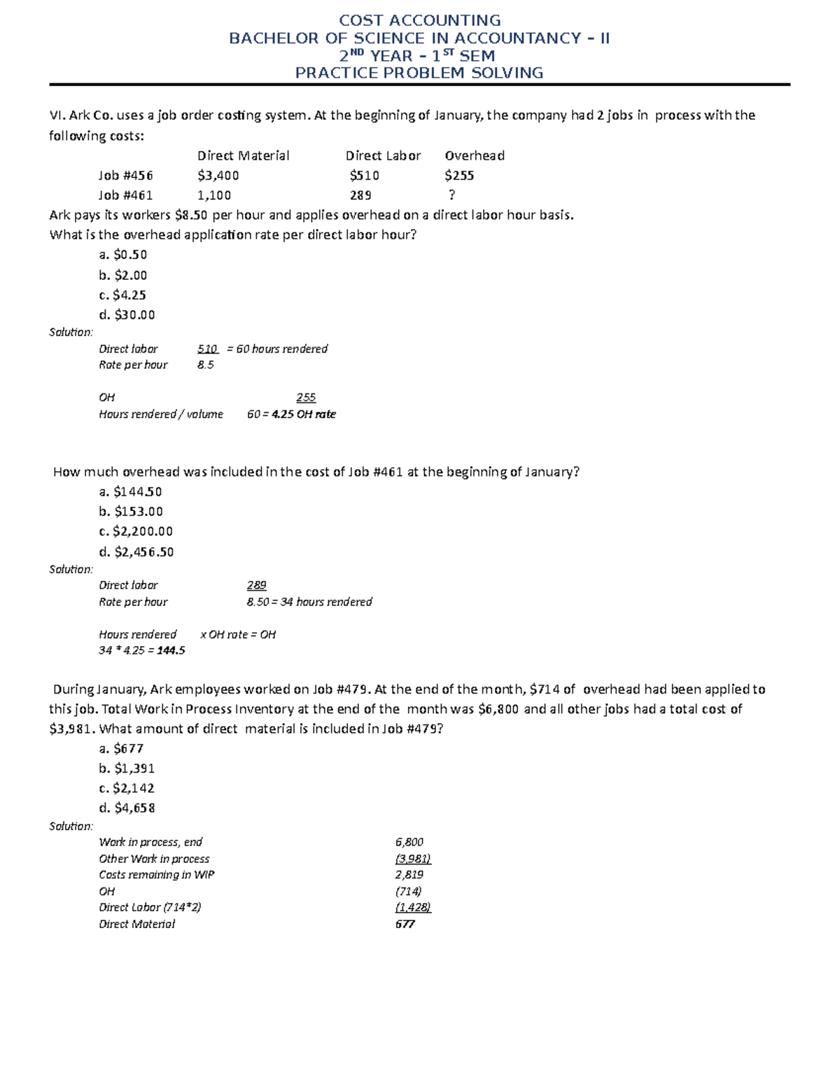 Problem VI Cost Accounting problem solving material COST ACCOUNTING