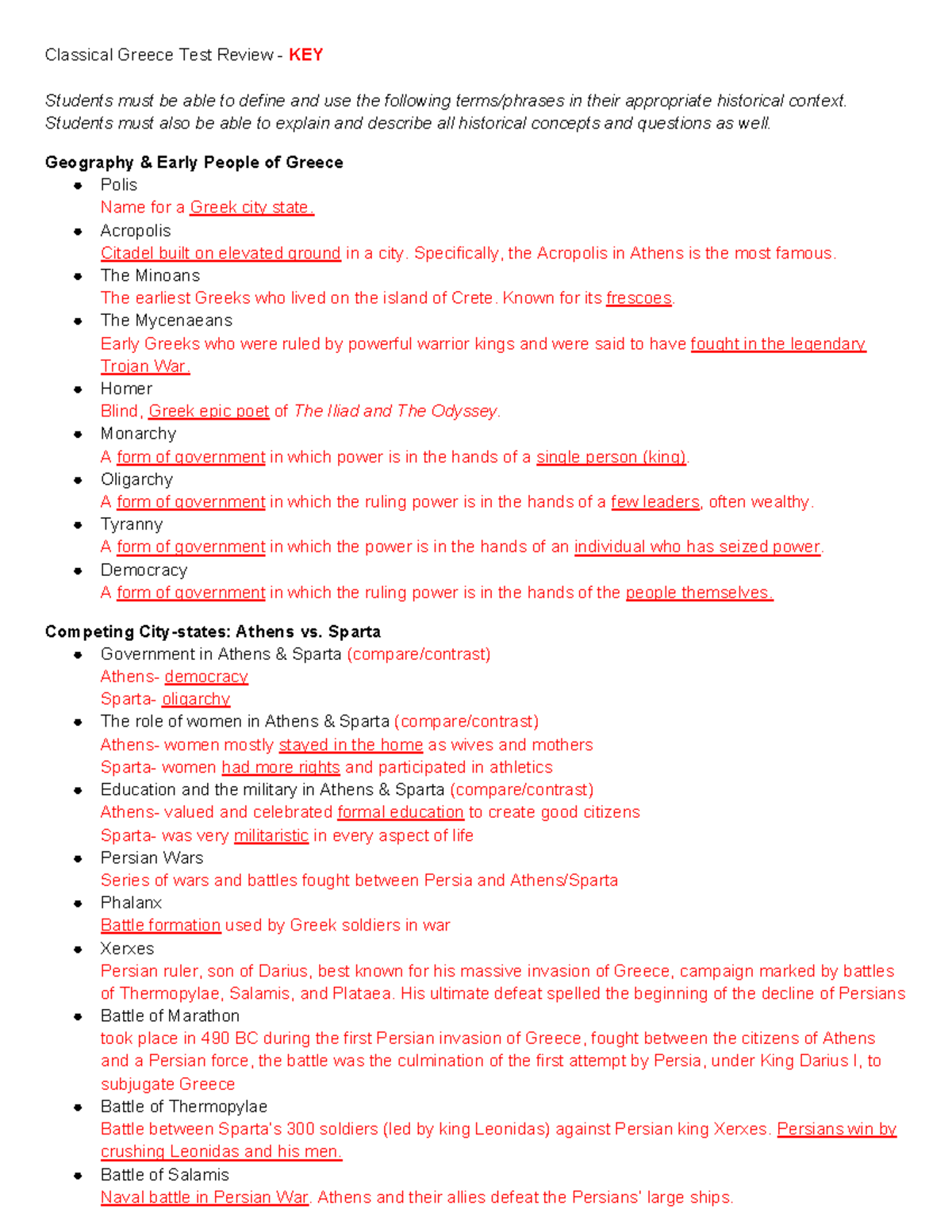 KEY Classical Greece Study Guide - Classical Greece Test Review - KEY ...