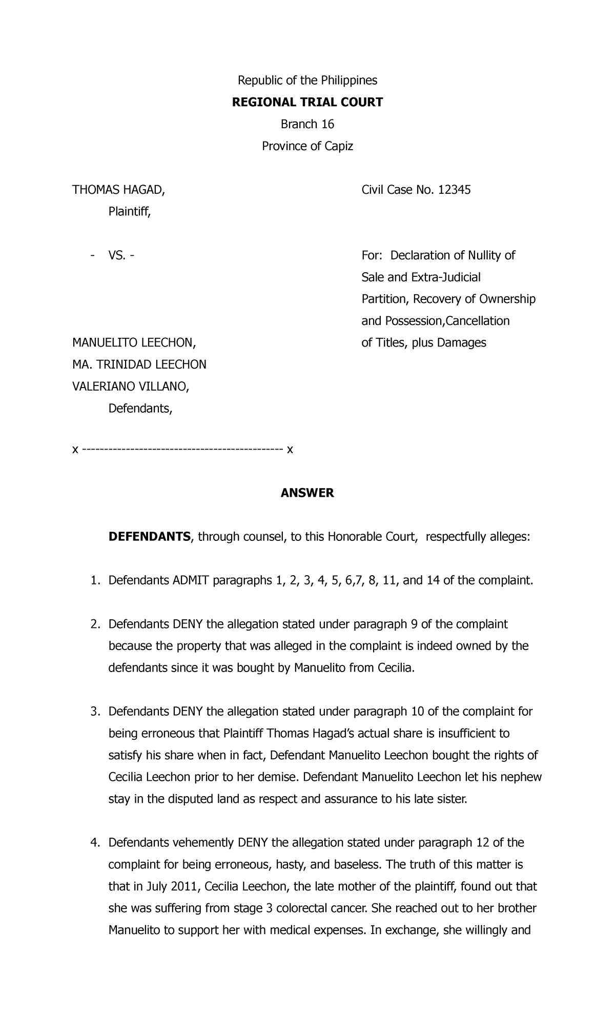 Answer Draft For Legal Forms Republic Of The Philippines REGIONAL 